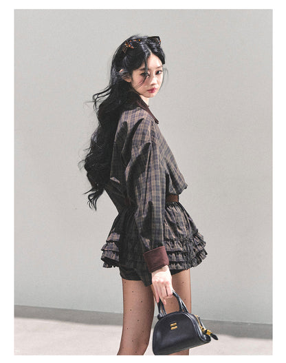少也眼 “Trajectory of the Sunset” Plaid Polo Shirt Dress with Belt – Mocha Brown 7687648