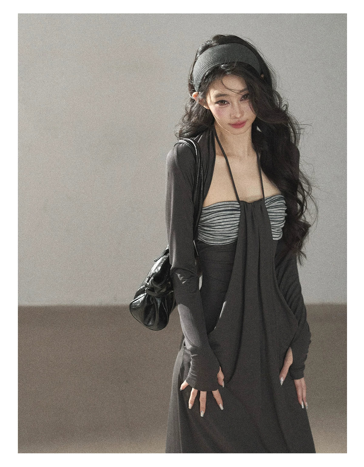 AOMALM - "Twilight River Cove" Cloud Mist Gray Striped Knit Shoulder Wrap Dress Set