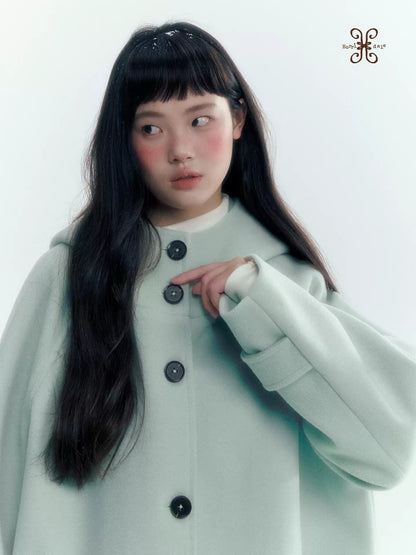 Pale Aqua Green Hooded Cocoon Wool-Blend Coat
