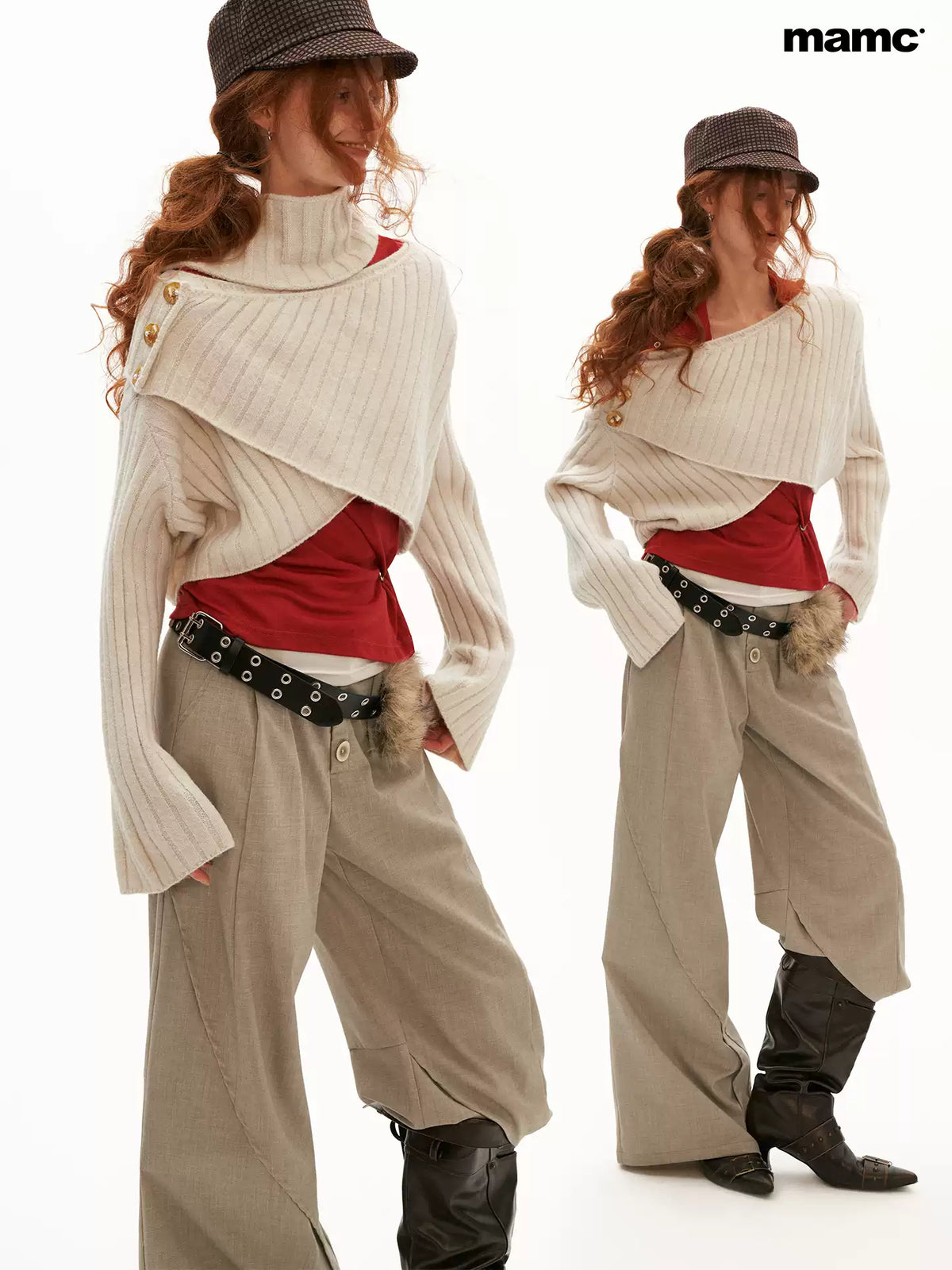 MAMC - Soft Recycled Airy Knit Cross-Neck Sweater (Red / Yellow / Ivory)