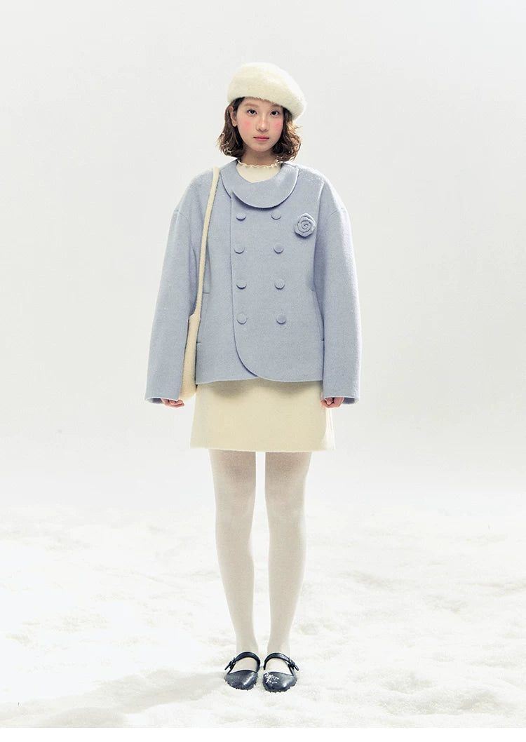 "Morning Mist" A-Line Wool-Blend Mini Skirt (Mist Gray/ Cream Beige)