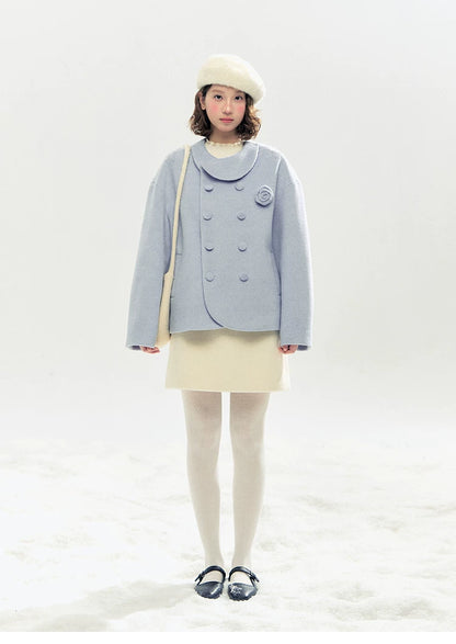 "Rose Manifesto" Frosted Blue Double-Breasted Quilted Wool-Blend Peacoat