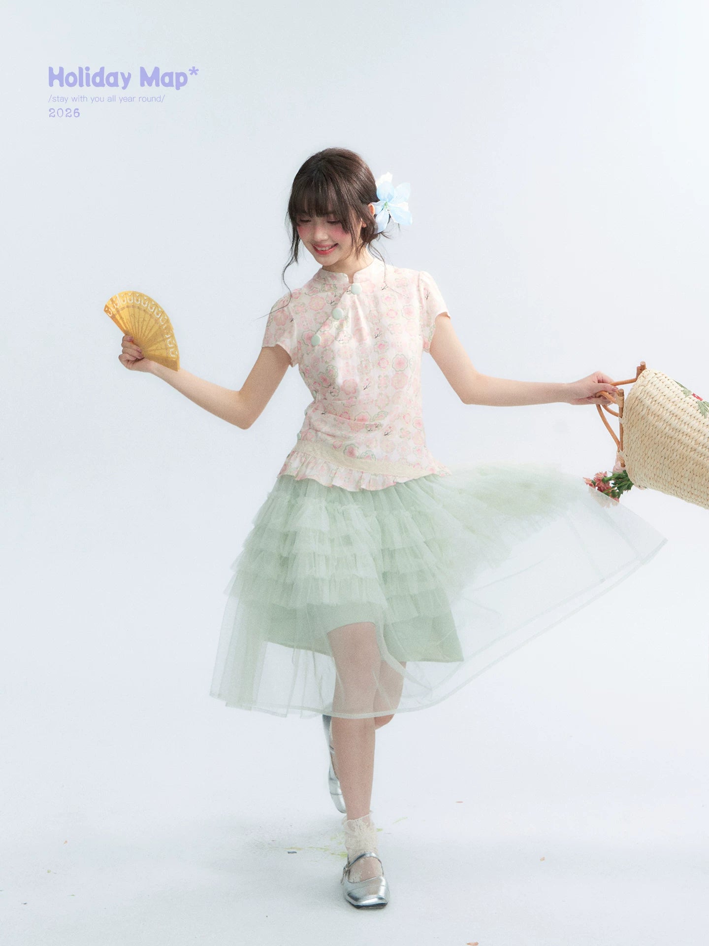 "Lime Mille-Feuille Glow" Peach Mist Chinese-Inspired Short Sleeve Top & Lime Green Tulle Tiered Skirt Set