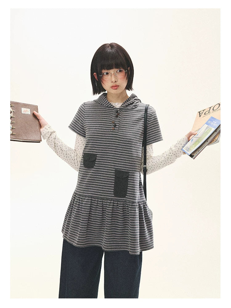 "Seoul Diary" Gray & Pink Stripe Hooded Knit Mini Dress
