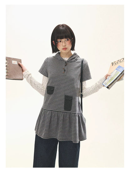 "Seoul Diary" Gray & Pink Stripe Hooded Knit Mini Dress