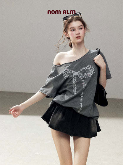 "Muted Shades of Gray" Silver Mouse Gray Off-Shoulder Tee