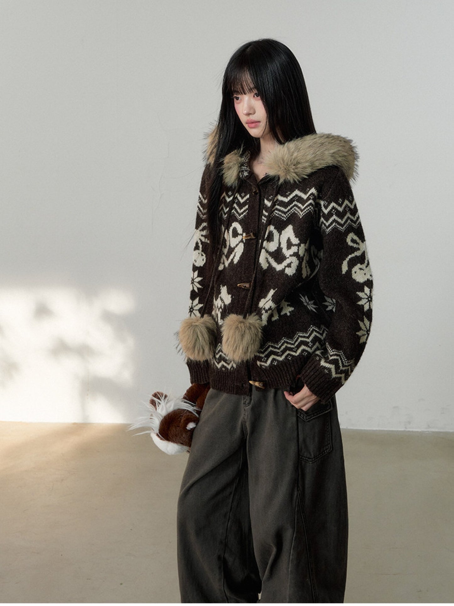 Soote Season - Fair Isle Cream Hooded Toggle Knit Jacket - Deep Roast Brown