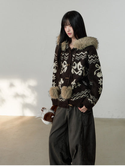 Soote Season - Fair Isle Cream Hooded Toggle Knit Jacket - Deep Roast Brown