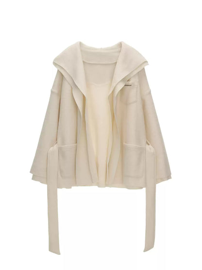 MAMC - White Double-Hood Wool Blend Tie Coat WE896