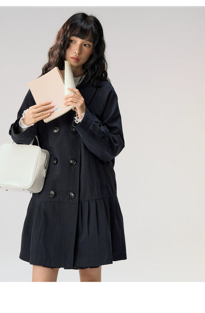 [CAN] "Azure Echoes" Navy Double-Breasted Bow Long Trench Coat