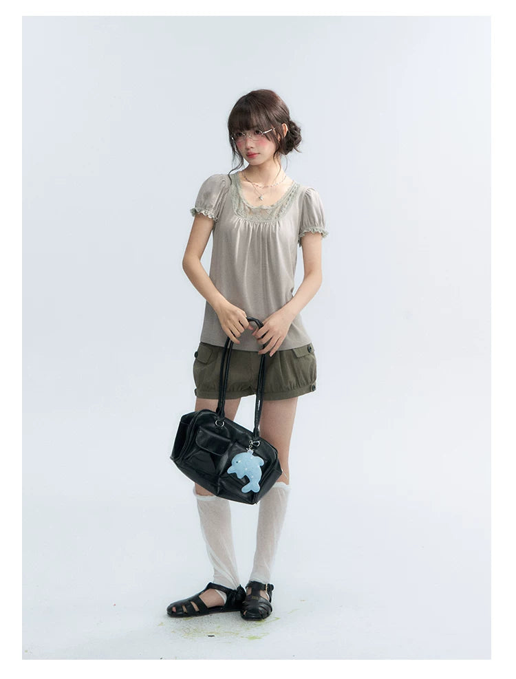 "Vintage Cream" Milk Gray Lace Trim Puff Sleeve T-Shirt