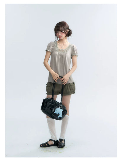 "Vintage Cream" Milk Gray Lace Trim Puff Sleeve T-Shirt