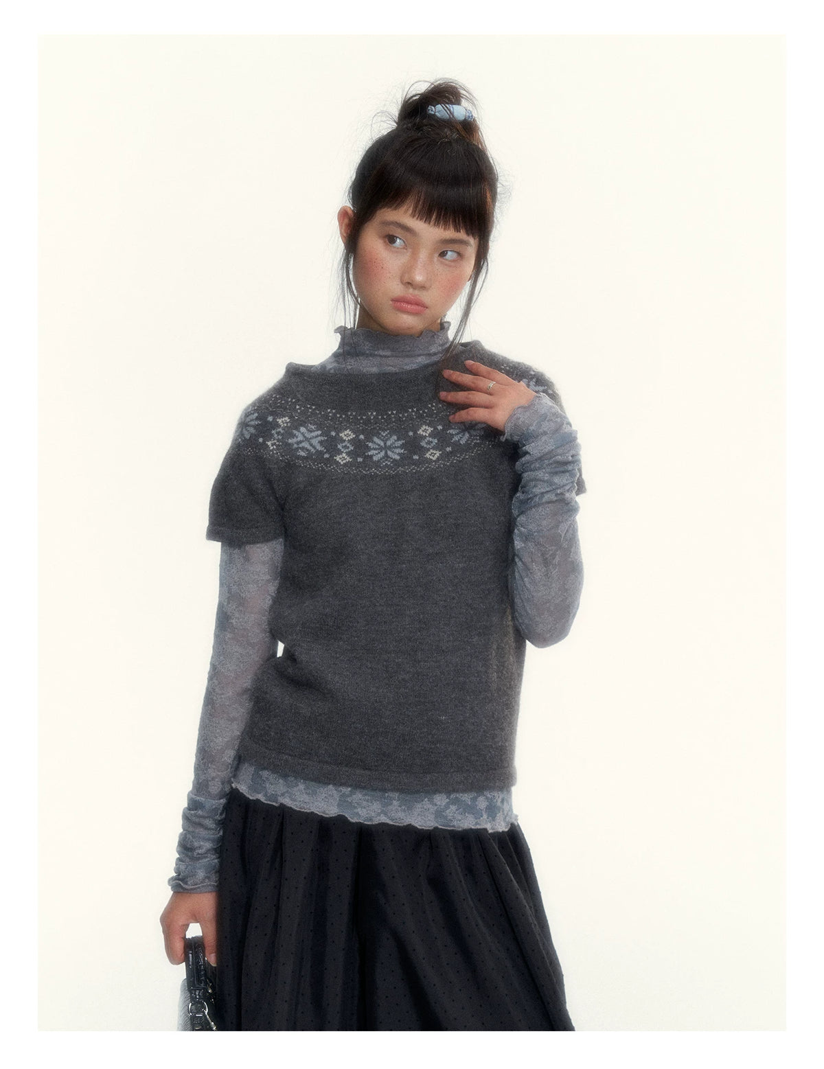Deep Gray Fair Isle Short-Sleeve Knit Sweater