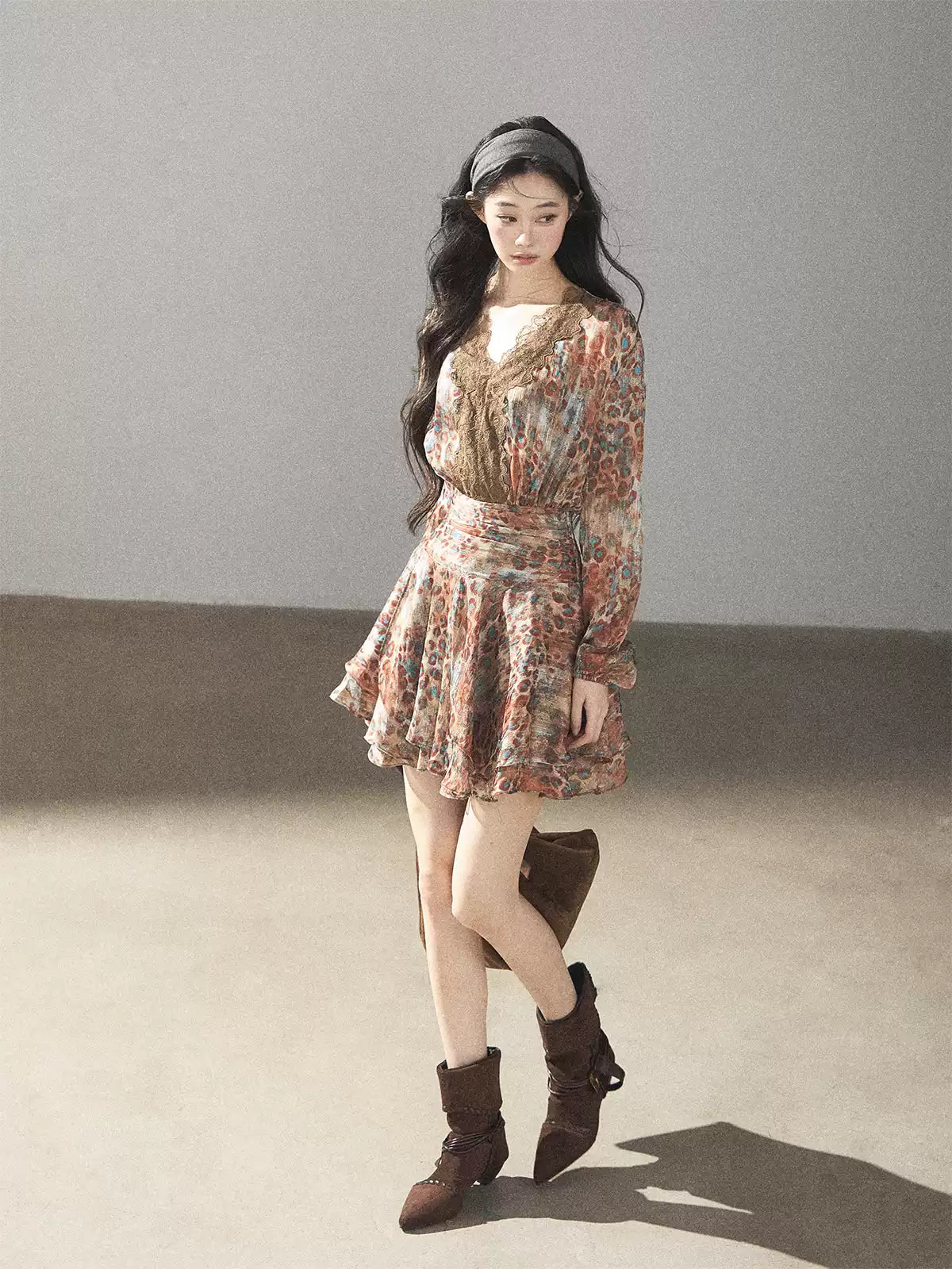 AOMALM - “Whispers of Withered Branches” Rich Cocoa French Lace Chiffon Mini Dress with Tights