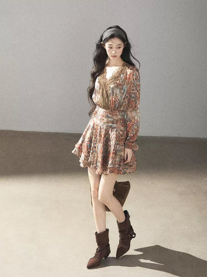 AOMALM - “Whispers of Withered Branches” Rich Cocoa French Lace Chiffon Mini Dress with Tights