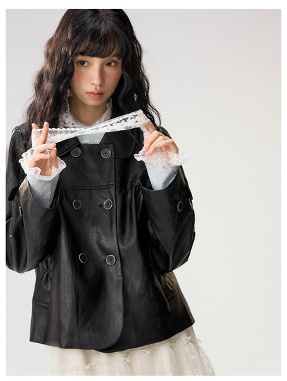[CAN] "Midnight Sweetheart" Black Bow Pocket Doll Collar Faux Leather Jacket