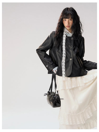 [CAN] "Midnight Sweetheart" Black Bow Pocket Doll Collar Faux Leather Jacket