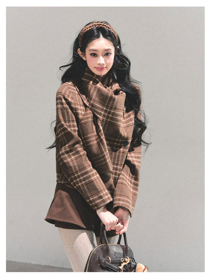 少也眼 “Twilight Forest" Woolen Oversized Coat - Plaid Brown