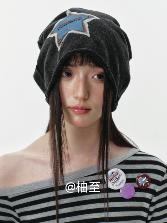 Black Star Print Slouchy Beanie – Oversized Star Head Wrap Hat