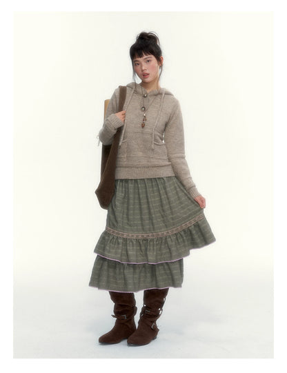 Dried Grass Green Vintage Lace Tiered A-Line Skirt