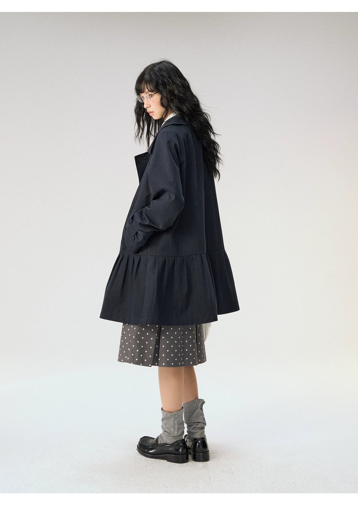 [CAN] "Azure Echoes" Navy Double-Breasted Bow Long Trench Coat