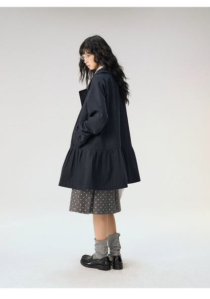 [CAN] "Azure Echoes" Navy Double-Breasted Bow Long Trench Coat