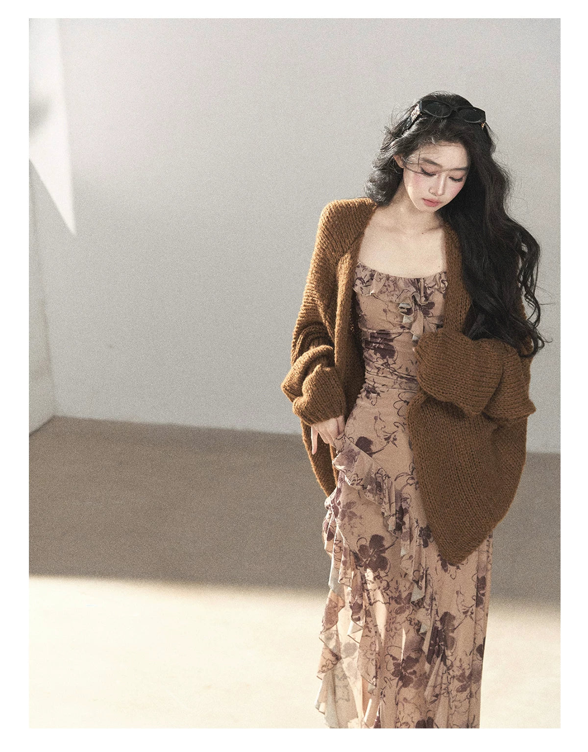 AOMALM - "Wildflower Date" Milk Tea Brown Ruffle Floral Maxi Dress (With Matching Hair Tie)