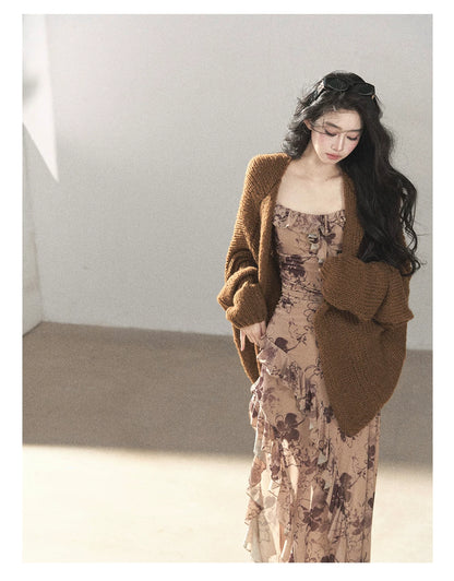 AOMALM - "Wildflower Date" Milk Tea Brown Ruffle Floral Maxi Dress (With Matching Hair Tie)