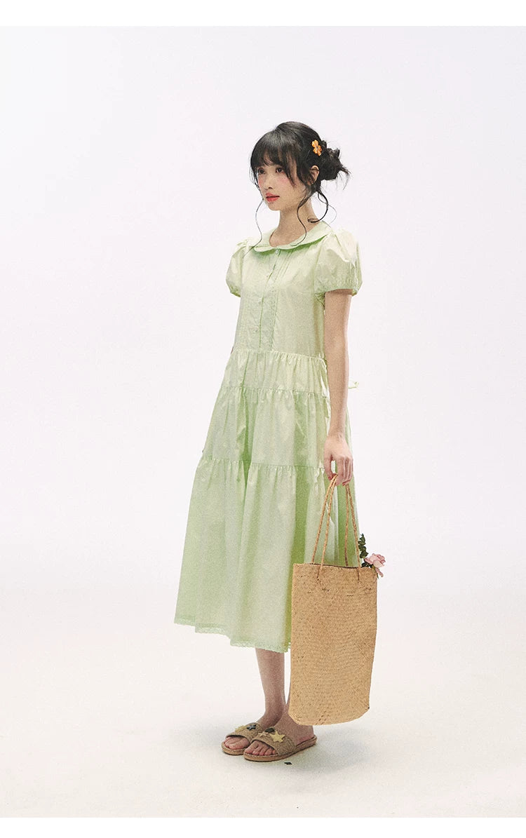 "Mint Forest" Mint Green Double Collar Tiered A-Line Midi Dress