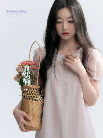 "Misty Wild Rose" Detachable Rose Lace Trim Puff Sleeve Midi Dress