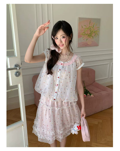 “Strawberry Boba Daydream” Pink Polka Dot Bubble Skirt Set