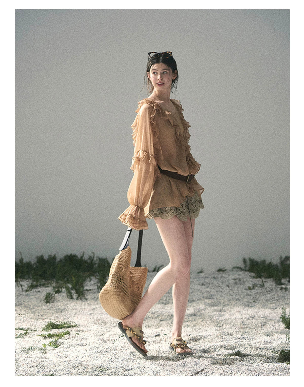 “Whispers of the Wind” Ash Caramel Lace Chiffon Blouse (With Belt)