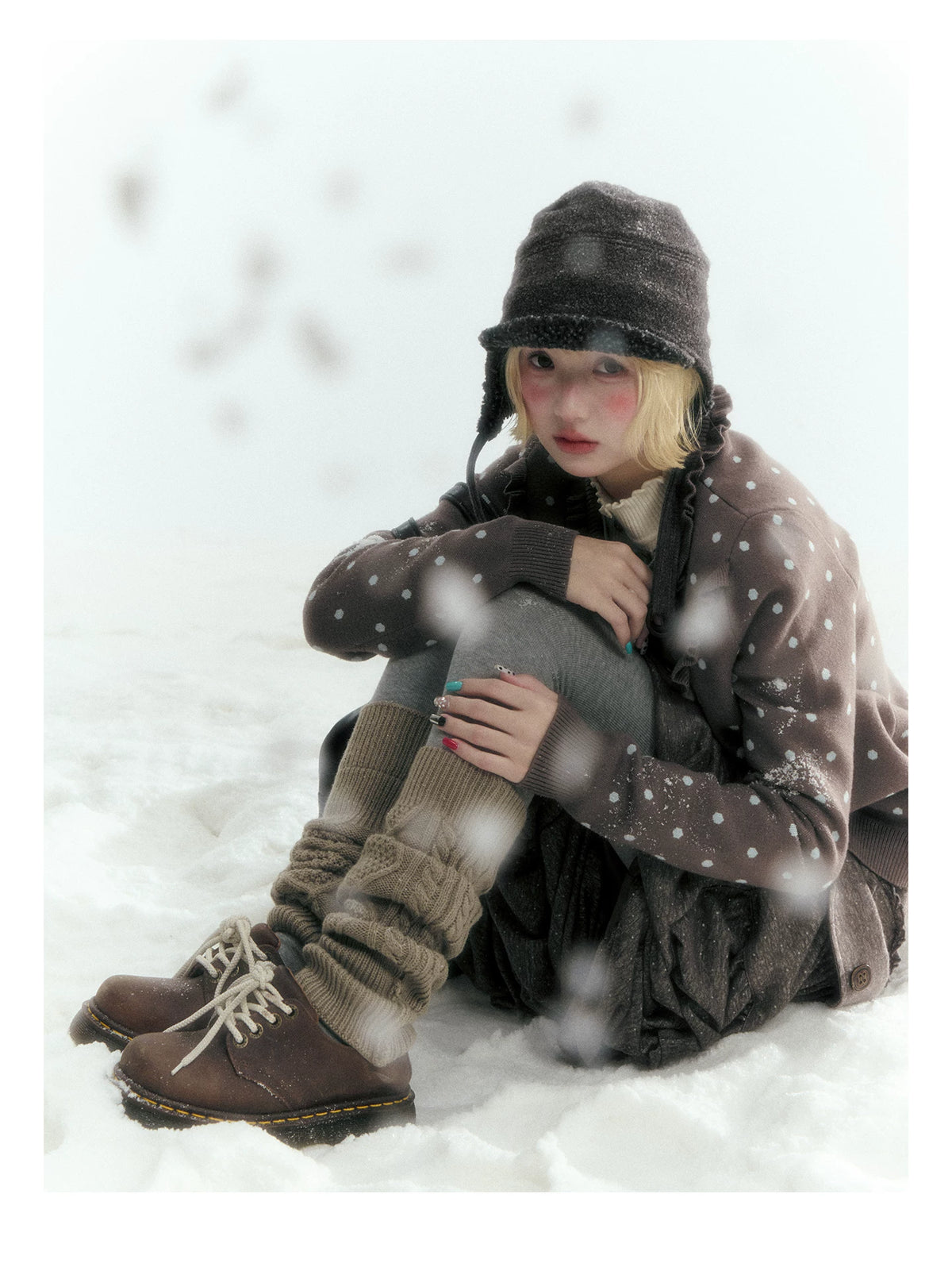 Horridale - Gray Brown Green Polka Dot Low-Rise Knit Bubble Skort