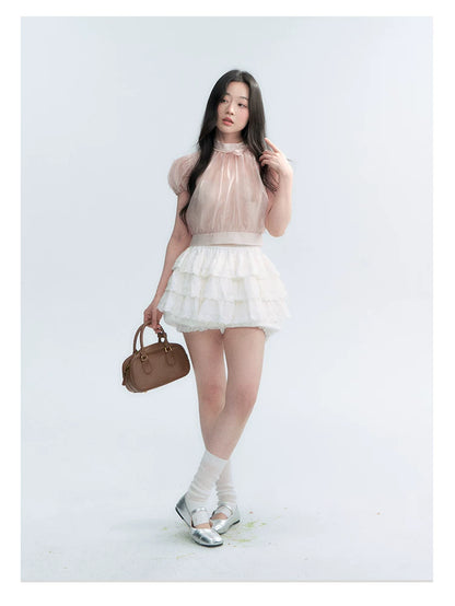 Vintage Stand Collar Bow Puff Sleeve Waist-Cinching Blouse with Knit Cami Set