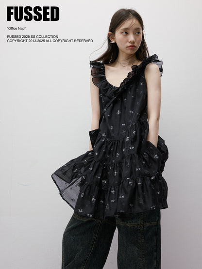 FUSSED Dropping Flora Burnout Floral Babydoll Dress – Dark Blue Short Version FOF-25SS036b