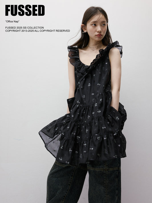 FUSSED Dropping Flora Burnout Floral Babydoll Dress – Dark Blue Short Version FOF-25SS036b