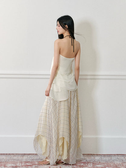 "Rose by the Sea" Rose Halter Top & Asymmetrical Plaid Maxi Skirt Set