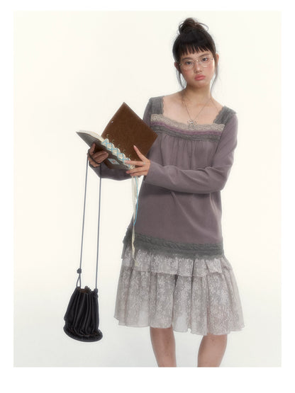 Gray Purple Lace-Trimmed Square-Neck Long-Sleeve T-Shirt