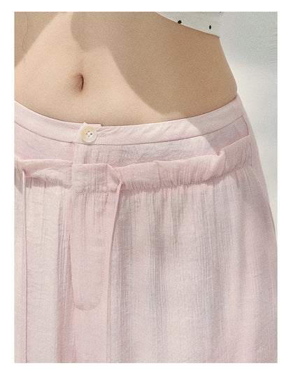 少也眼 "Misty Walk Pants" Soft Mist Pink Wide-Leg Chiffon Pants 546566