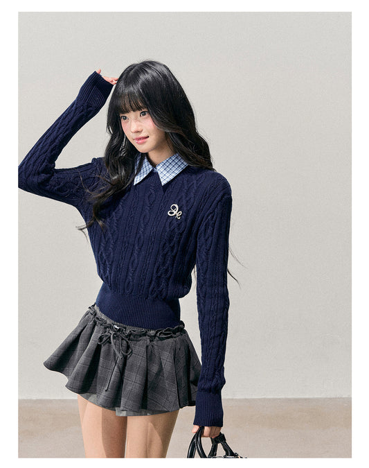 少也眼 “Unfinished Poem” Preppy Plaid-Collar Cable Knit Sweater - Navy