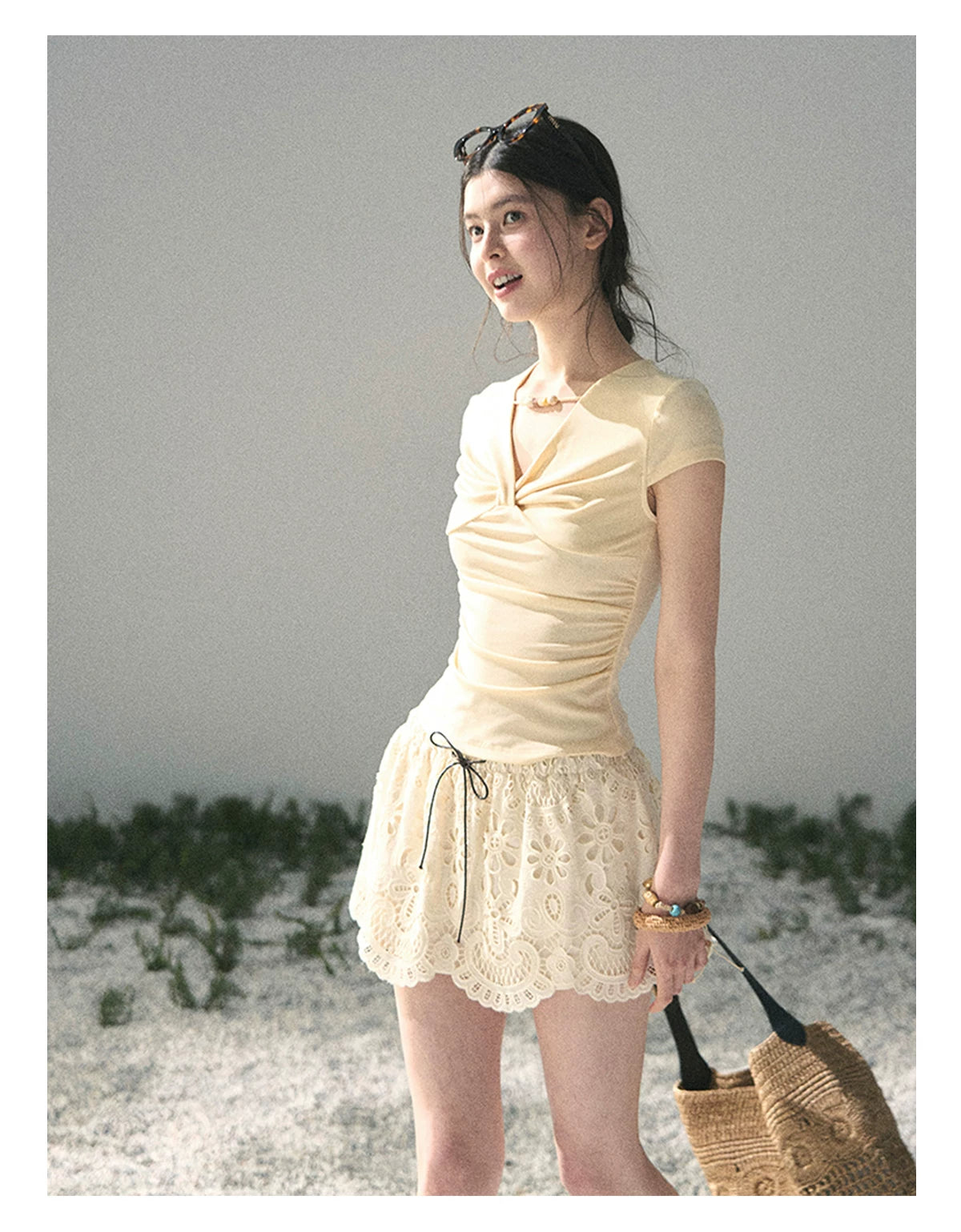 “Sheer Spring Whisper” Milkshake Yellow Twist V-Neck Top