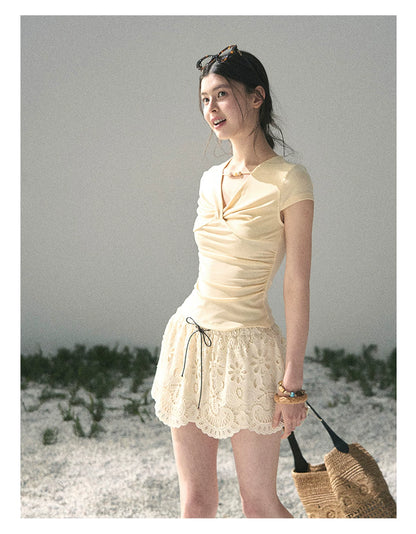 “Sheer Spring Whisper” Milkshake Yellow Twist V-Neck Top