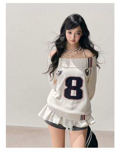 少也眼 “Frost-White Wallcorners” Off-Shoulder Knit Sweater
