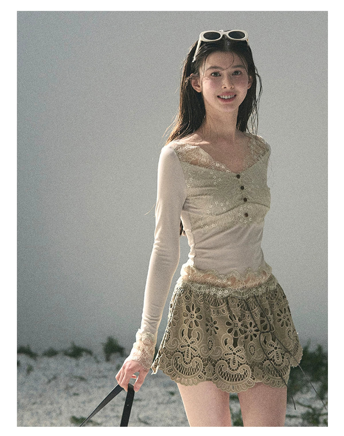 “Traces Left by the Wind” Ash Ivory Lace V-Neck Top