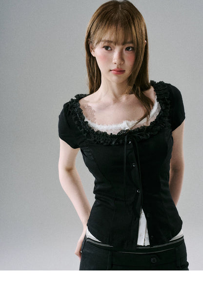 LOST FOREST - Faux-Layered Lace Short-Sleeve Top (Gray White / Black White)