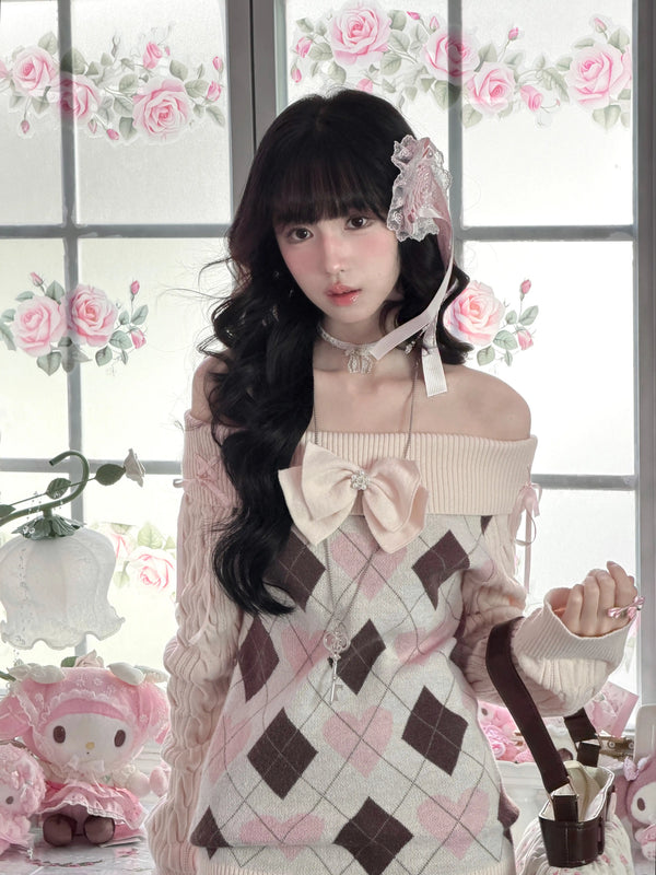 KYOUKO - My Melody Cream Argyle Off-Shoulder Sweater and Cocoa Maid Skirt Set