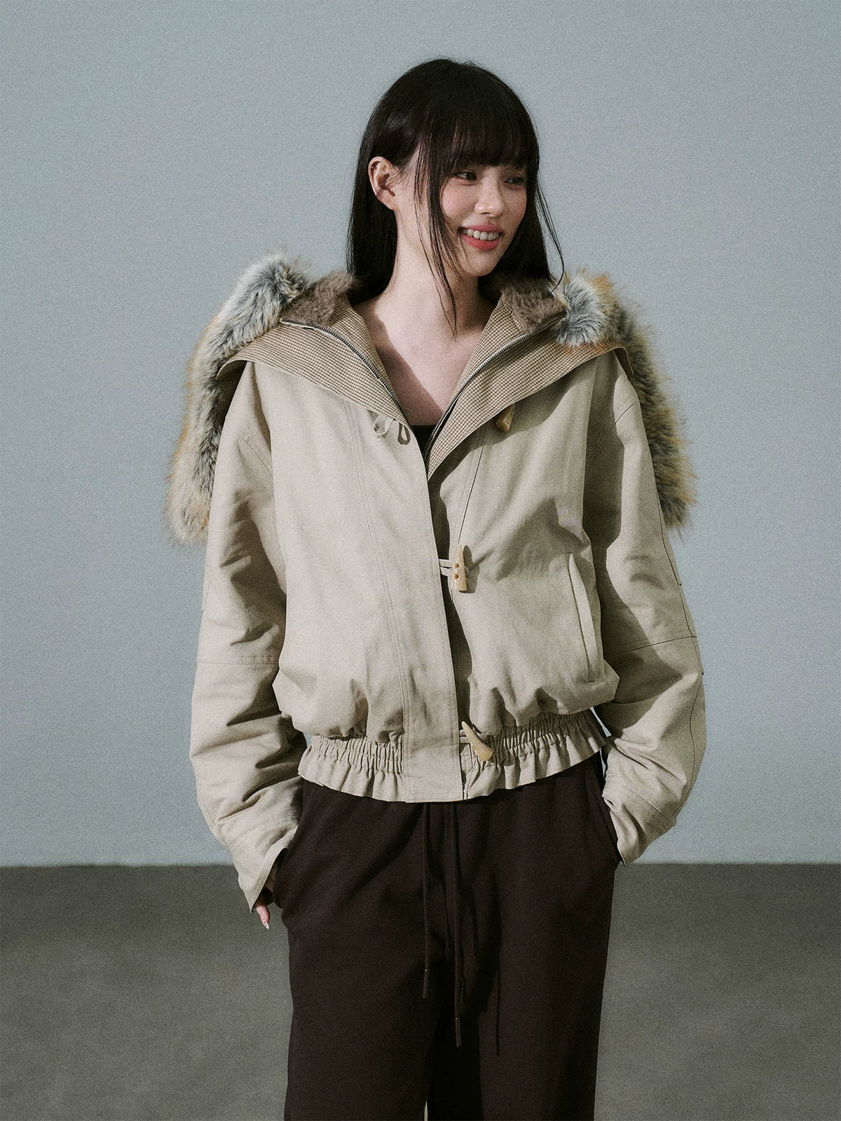 LOST FOREST - Milk Tea Plaid-Panel Cotton Utility Jacket with Detachable Faux-Fur Collar