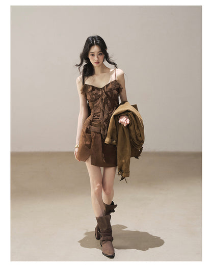 170726 "Sunset Melted Into Lace" Rich Cocoa Lace Ruffle Cami Top