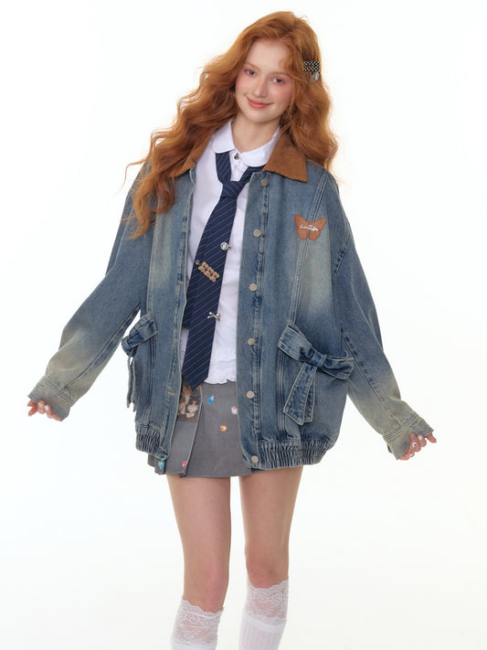 ZiziFei - Vintage Denim Jacket with Corduroy Collar and Bow Pockets