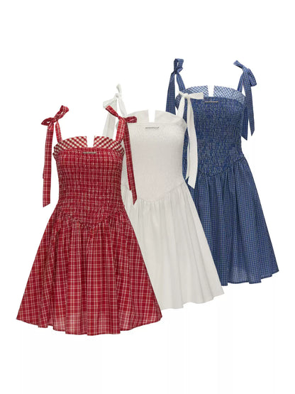 French Bow Tie Strap Smocked Dress WE852 (Navy Plaid)